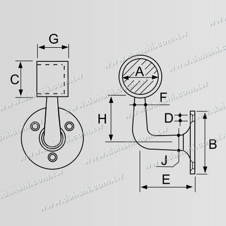 尺寸圖：螺釘外露型腳座 - 套管式圓管扶手頭尾牆壁固定座(右)